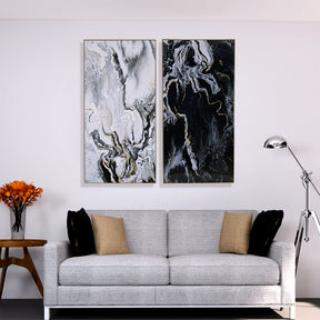 S/2 Black And White Marbled Print Wall Art