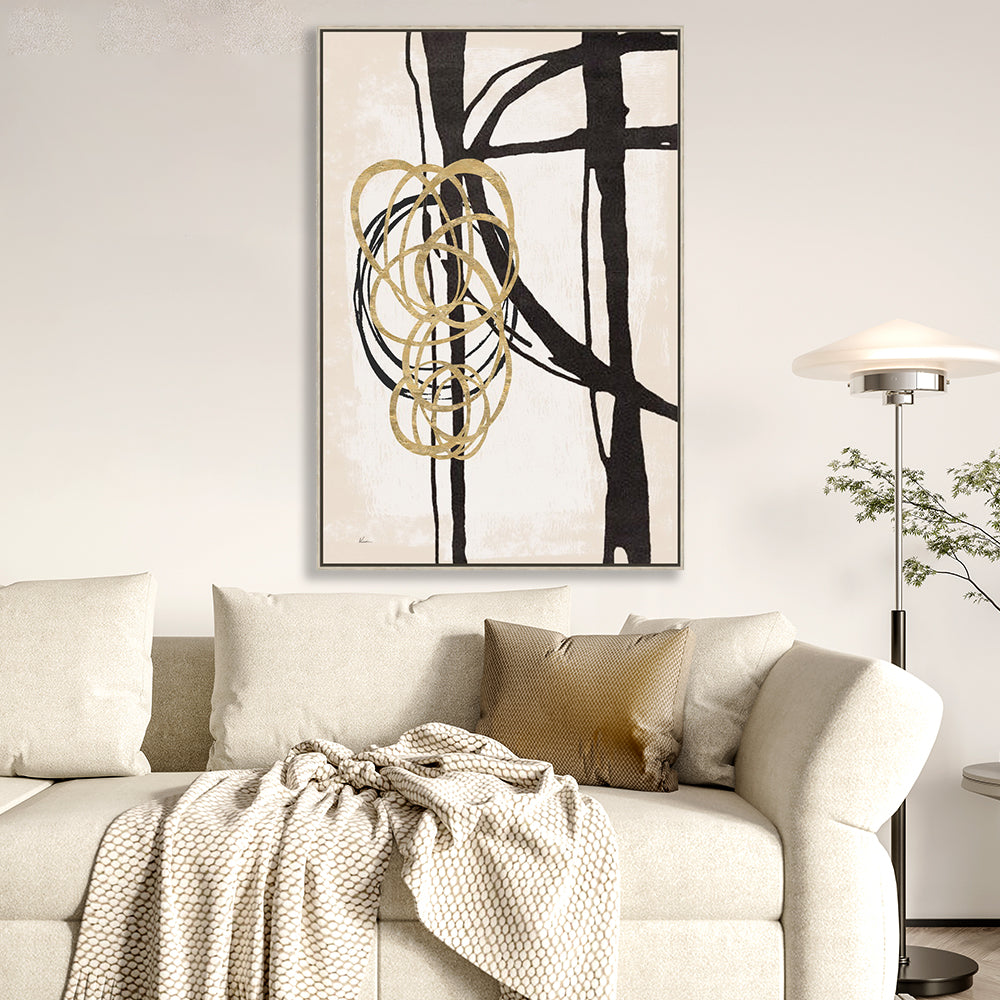 Black And Cream Lines Half Hand Painted Wall Art