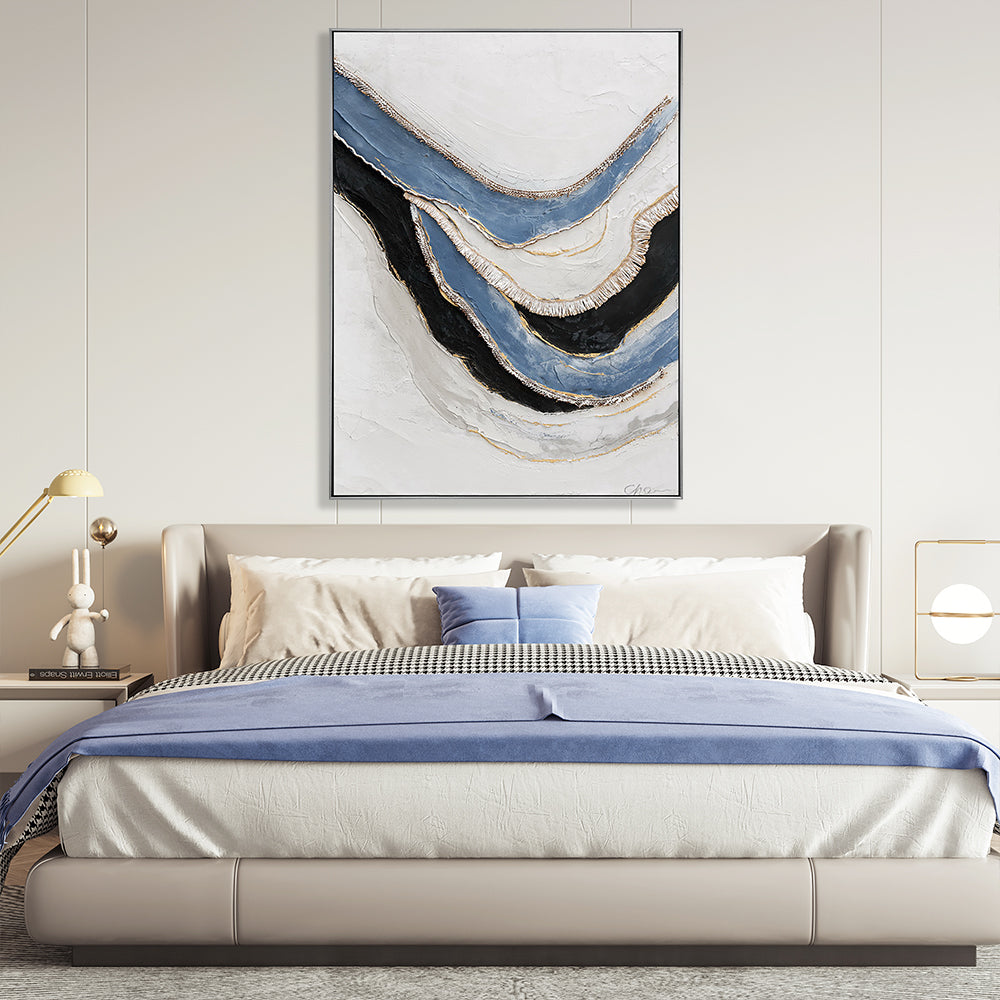 Hand Painted Blue And Black Abstract Wall Art