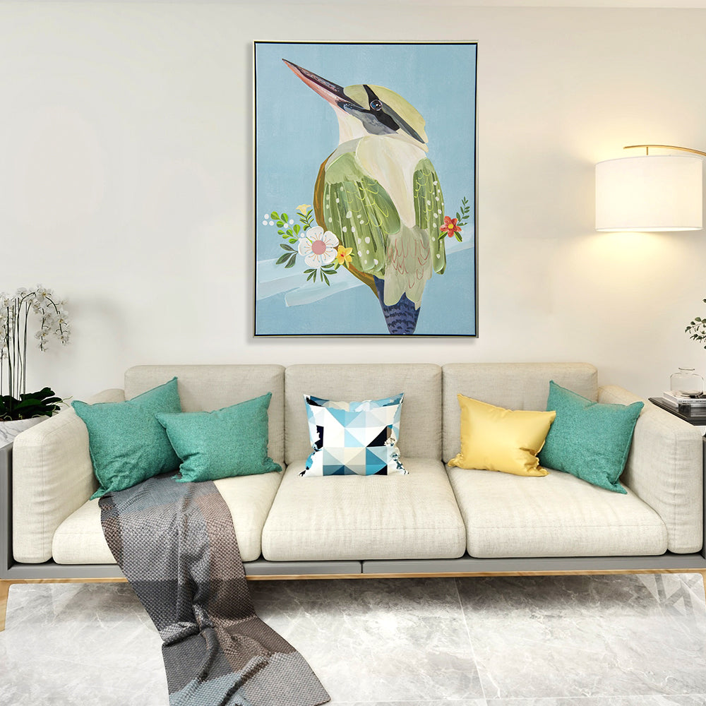 Green Bird Half Hand Painted Canvas Wall Art