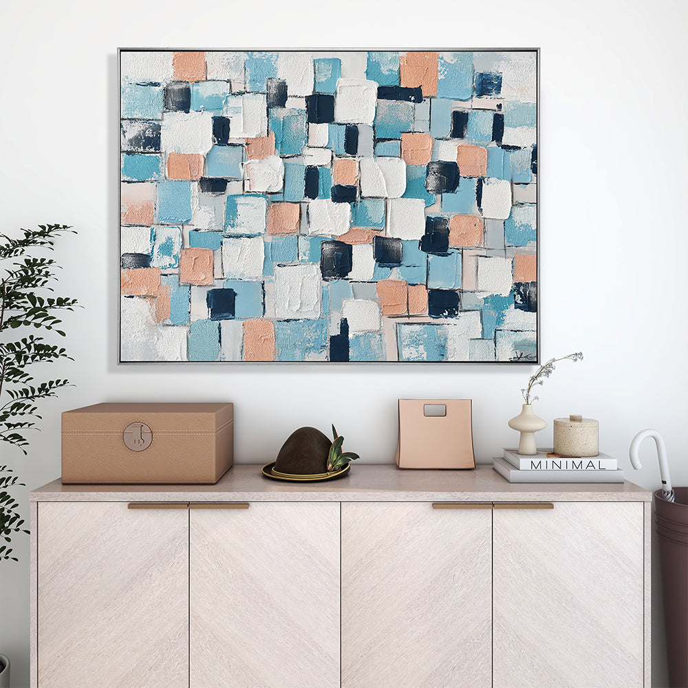 Blue Square Grid Hand Painted Canvas Wall Art