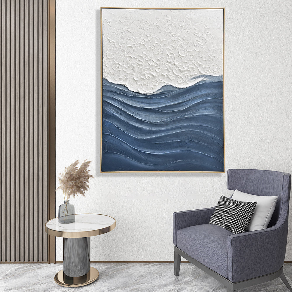 Hand Painted White And Blue Canvas Wall Art