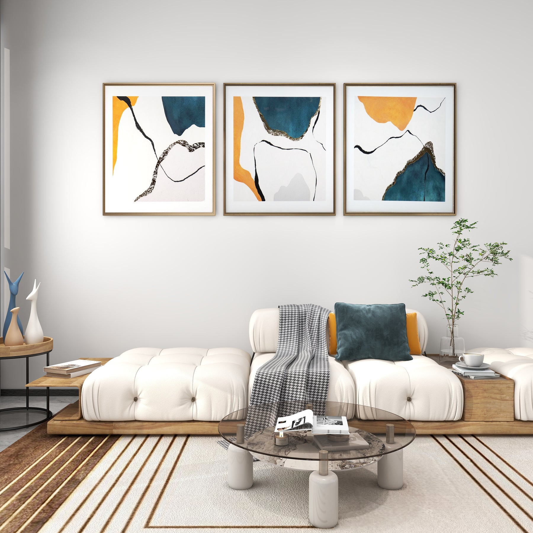 Contemporary Style Marcia Set of Three Abstract Framed Wall Art