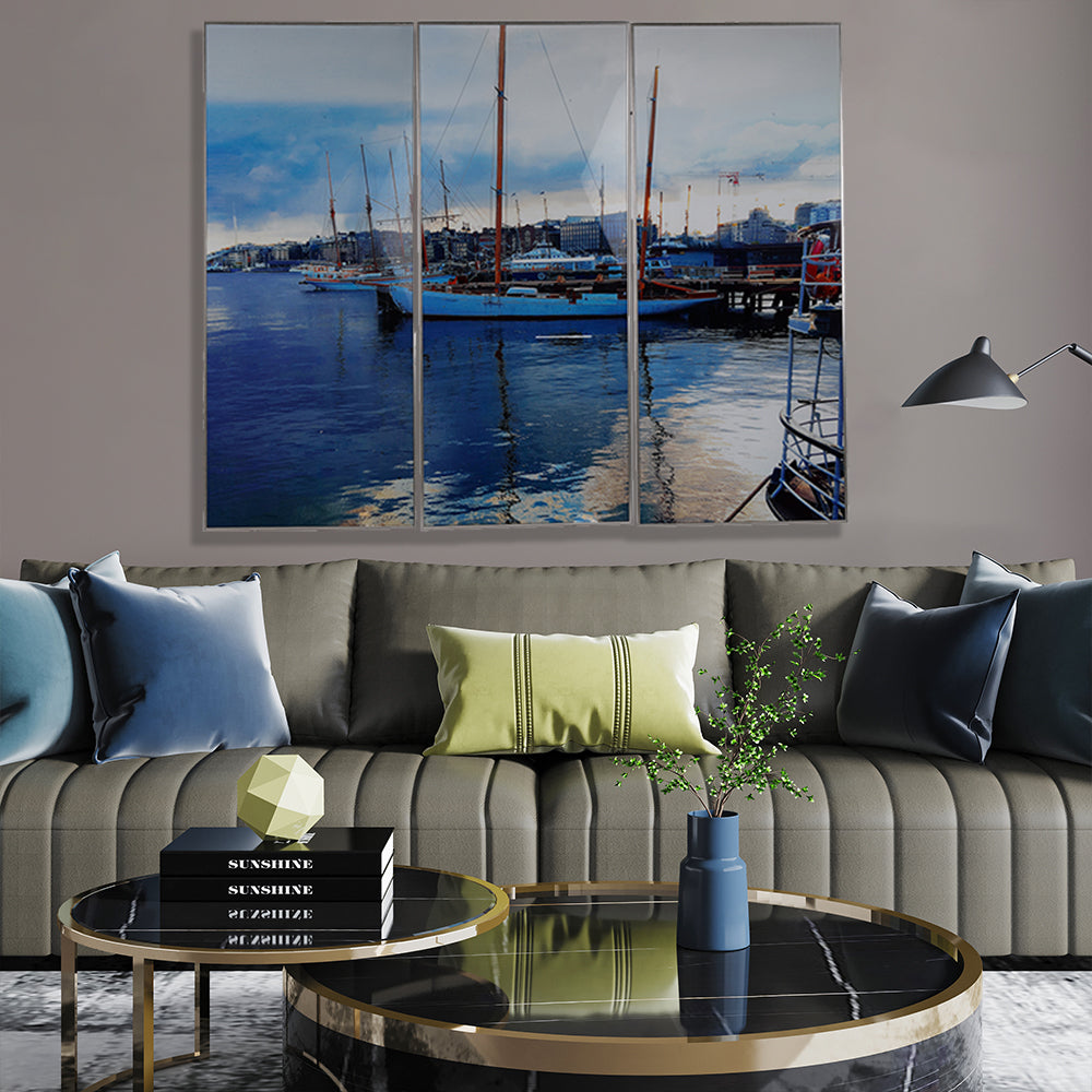 Contemporary Coastal Style S/3 Picture Hang Glass Wall Art