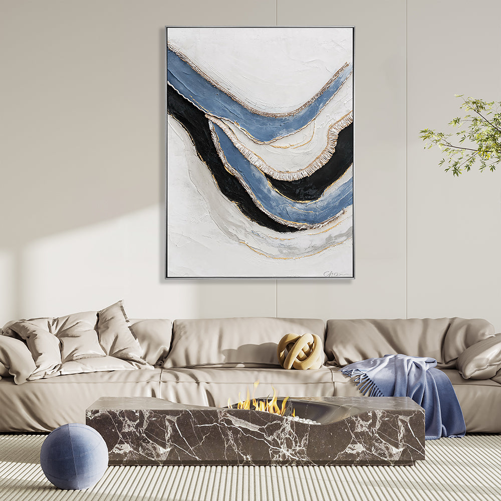 Hand Painted Blue And Black Abstract Wall Art