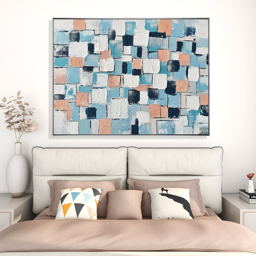 Blue Square Grid Hand Painted Canvas Wall Art