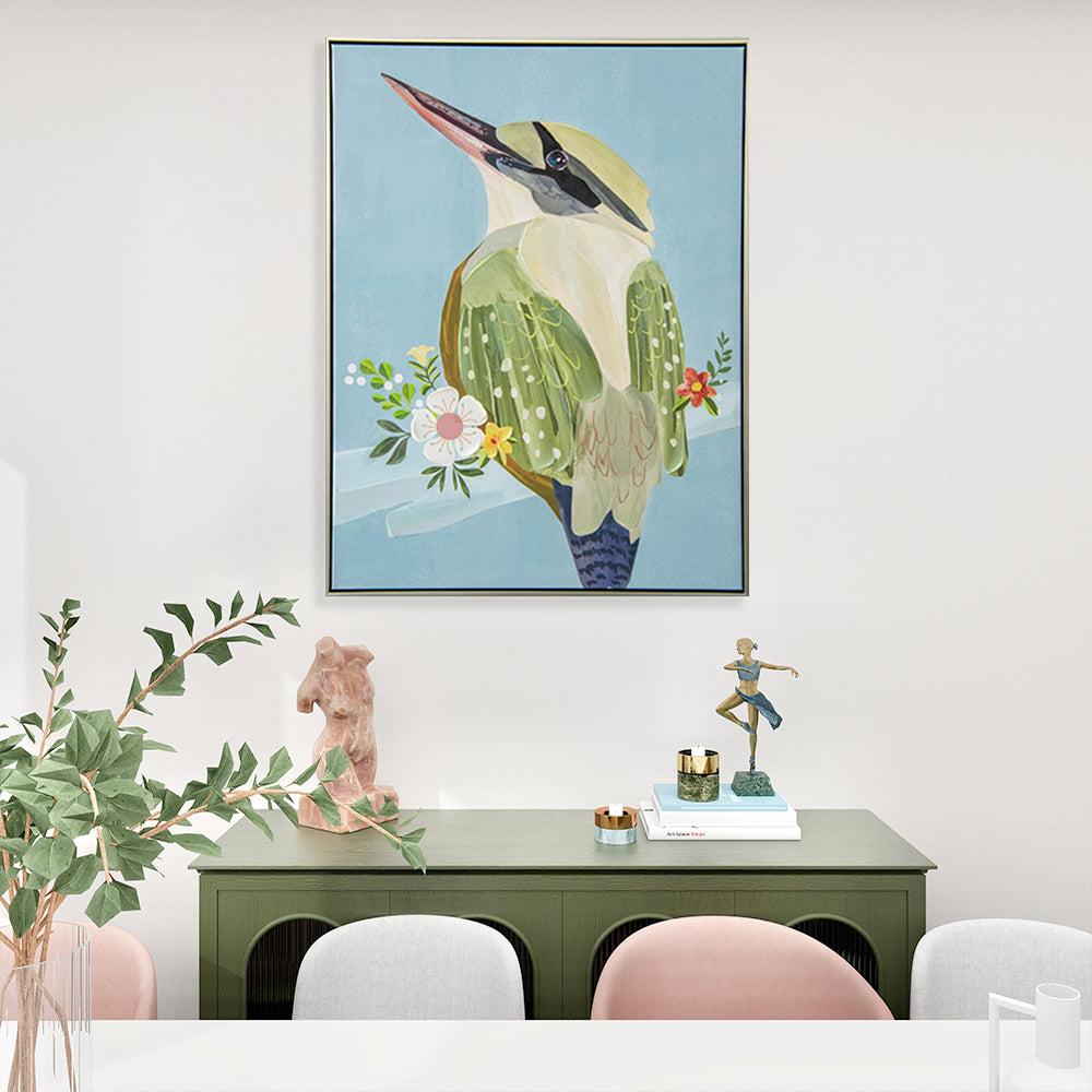 Green Bird Half Hand Painted Canvas Wall Art