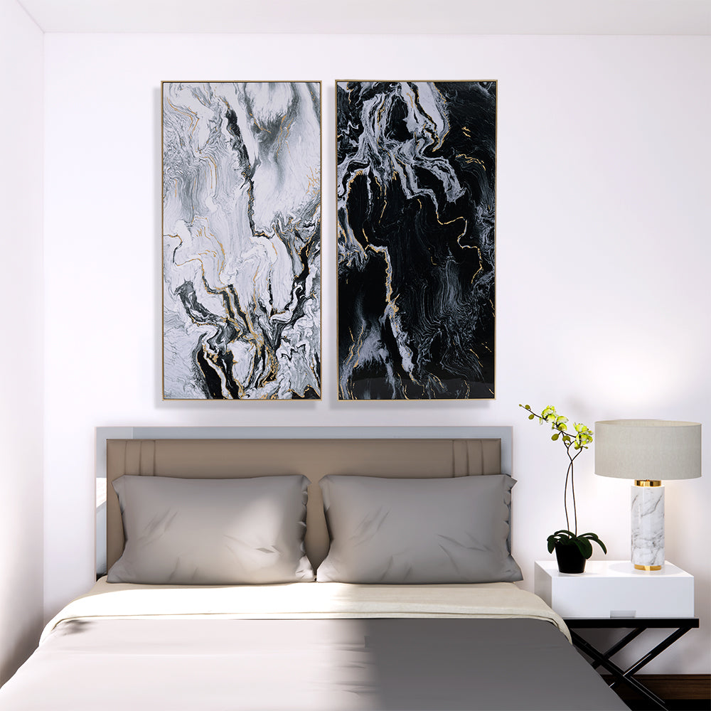 S/2 Black And White Marbled Print Wall Art