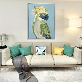 Green Bird Half Hand Painted Canvas Wall Art