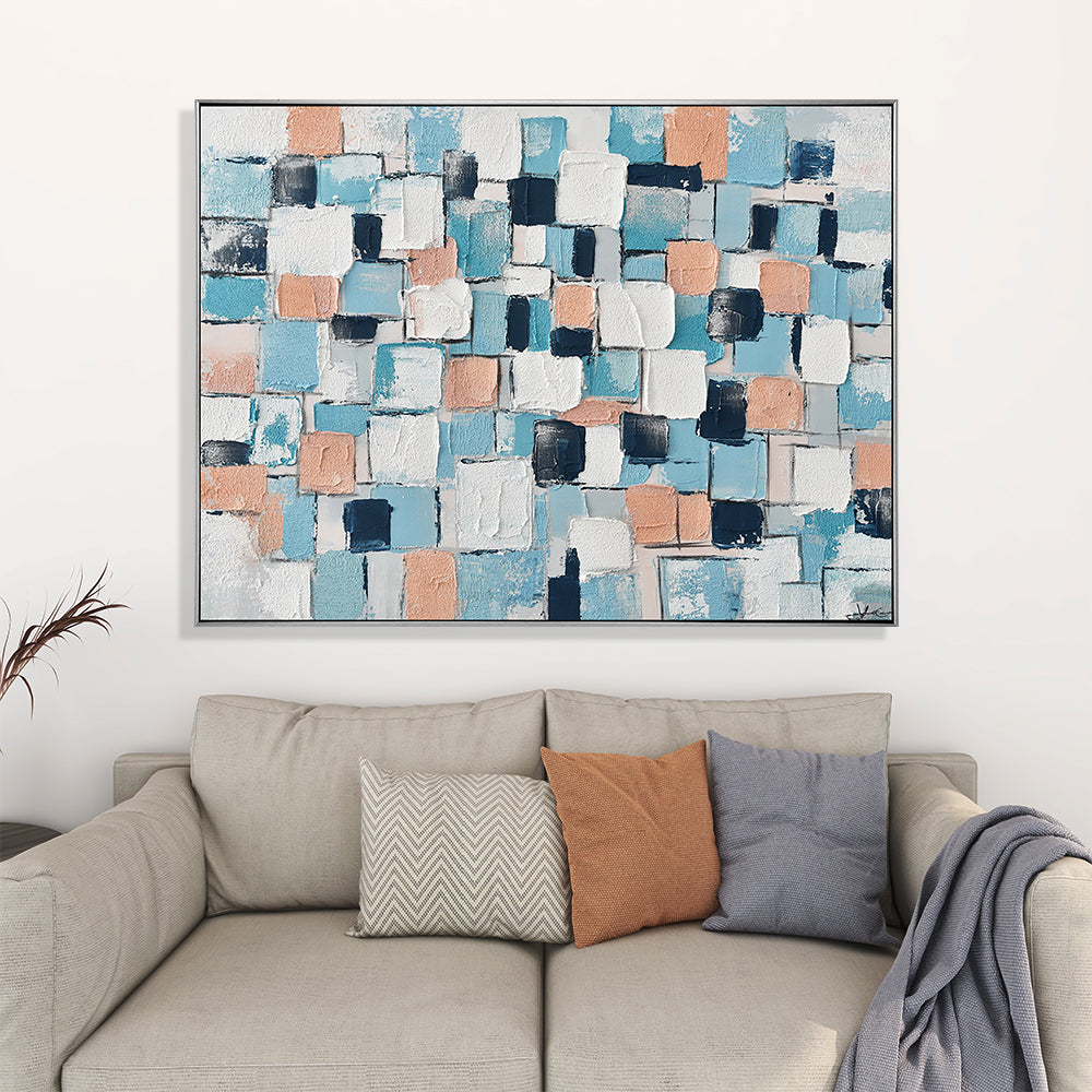 Blue Square Grid Hand Painted Canvas Wall Art