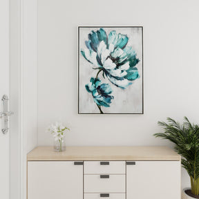 Traditional Hand-Painted Oil Painting Teal Flowers Framed Wall Art