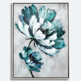 Traditional Hand-Painted Oil Painting Teal Flowers Framed Wall Art