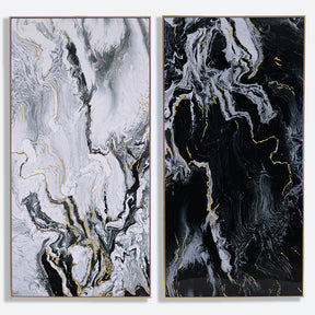 S/2 Black And White Marbled Print Wall Art