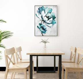 Traditional Hand-Painted Oil Painting Teal Flowers Framed Wall Art