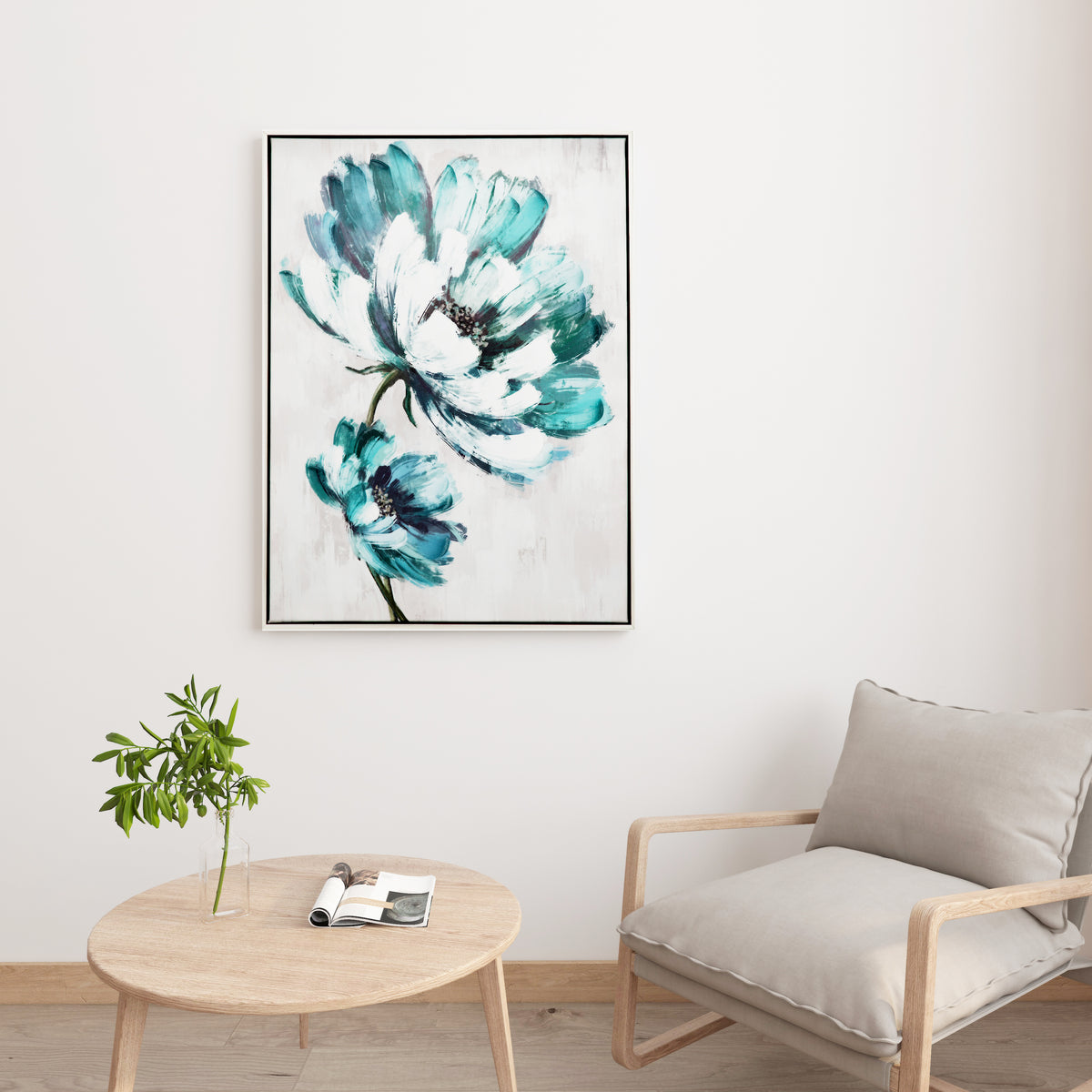 Traditional Hand-Painted Oil Painting Teal Flowers Framed Wall Art