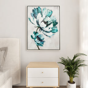 Traditional Hand-Painted Oil Painting Teal Flowers Framed Wall Art